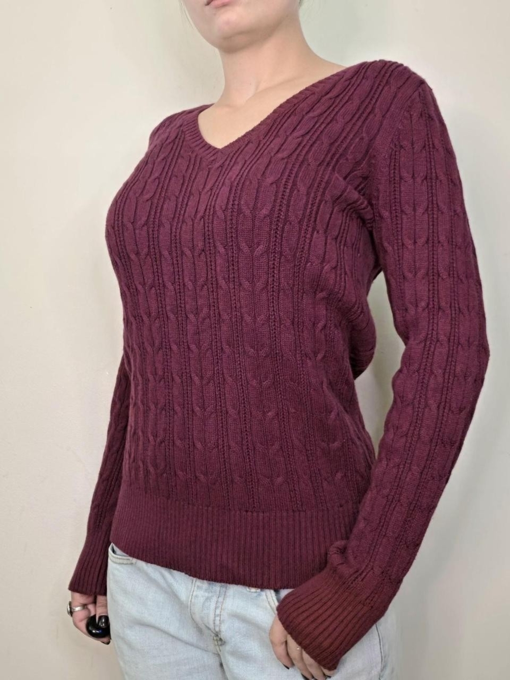 90s Vintage burgundy cable knit sweater Size M Cozy - Picture 5 of 7